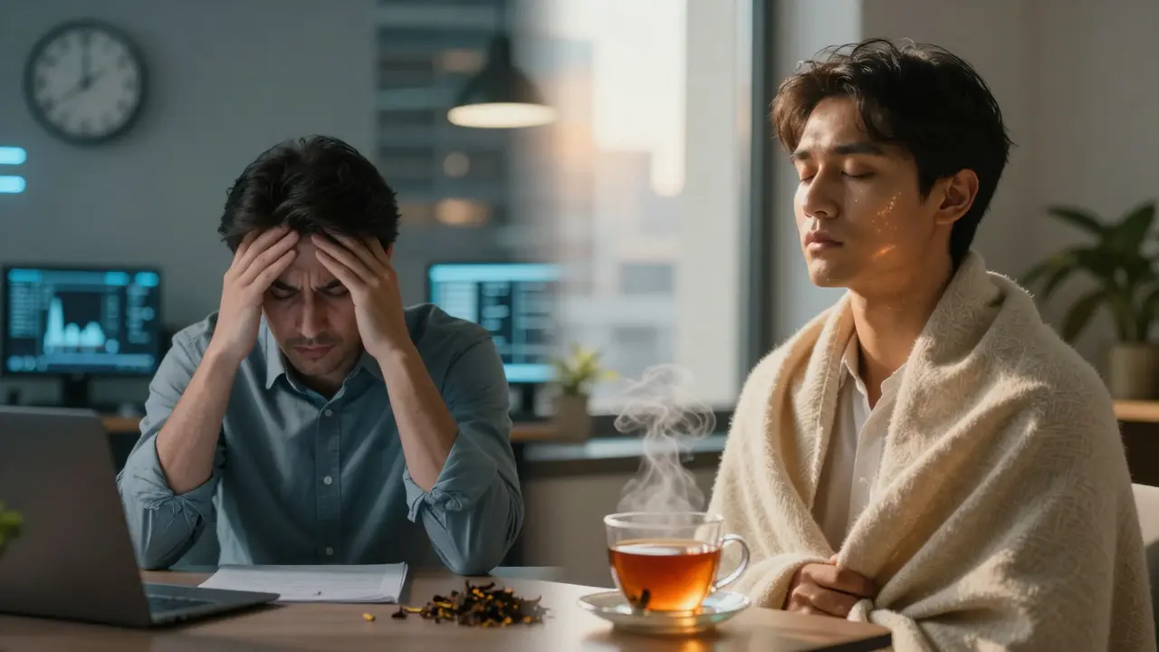 A person transformed from stressed office worker to calm, glowing individual after an ayurvedic massage, shown in a split-panel cinematic style.