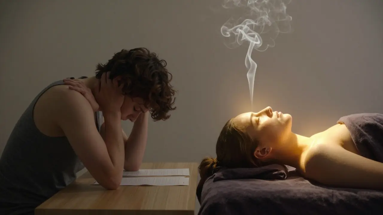 A person transformed from tense desk worker to serene, relaxed client, with a trail of warm smoke symbolizing release and calm.