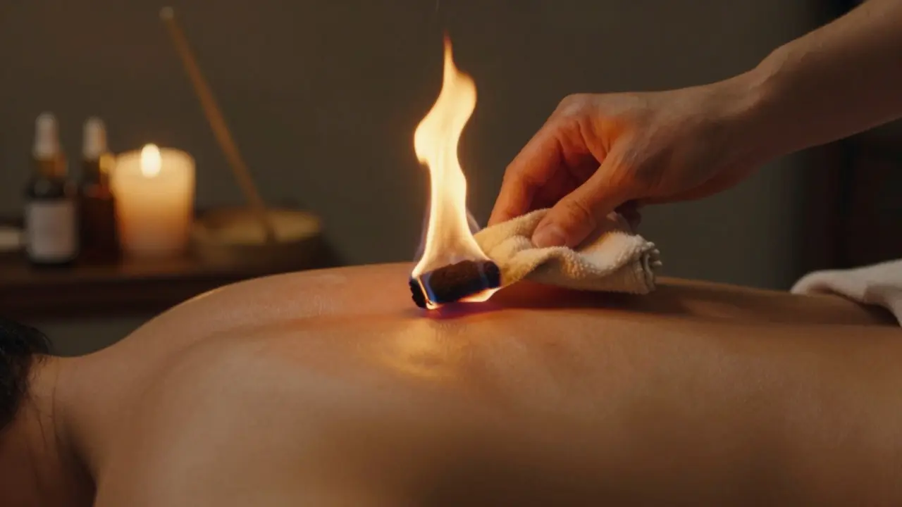 Close-up of a therapist's hand extinguishing a flame above skin, with no burn, only a golden glow and ambient candlelight in the background.