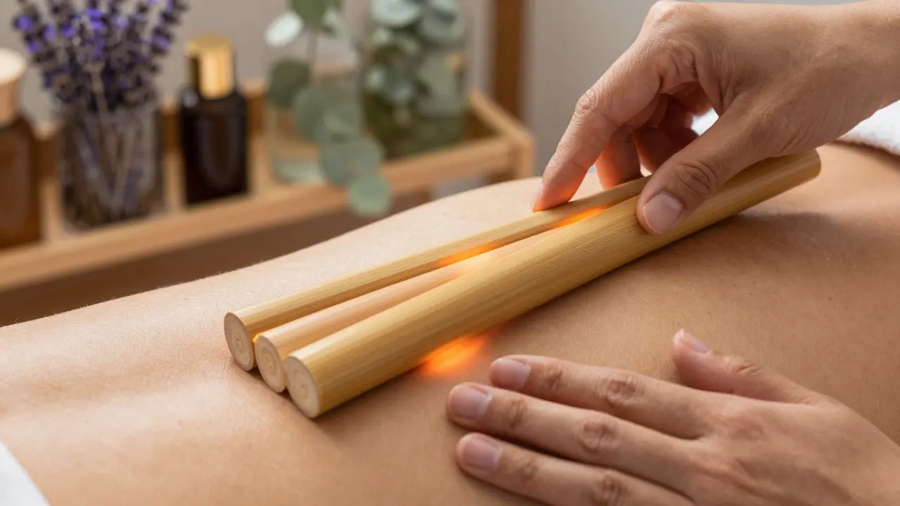 Close-up of bamboo rods gliding over shoulder, back, and thigh with warm, glowing surfaces and organic oils in background.