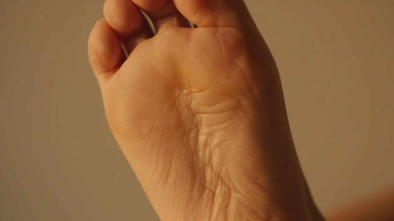 Close-up of foot sole with golden light highlighting texture