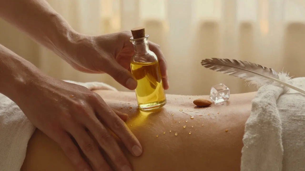 Hands applying warm oil along a lower back, with a feather and ice cube nearby on a soft towel.