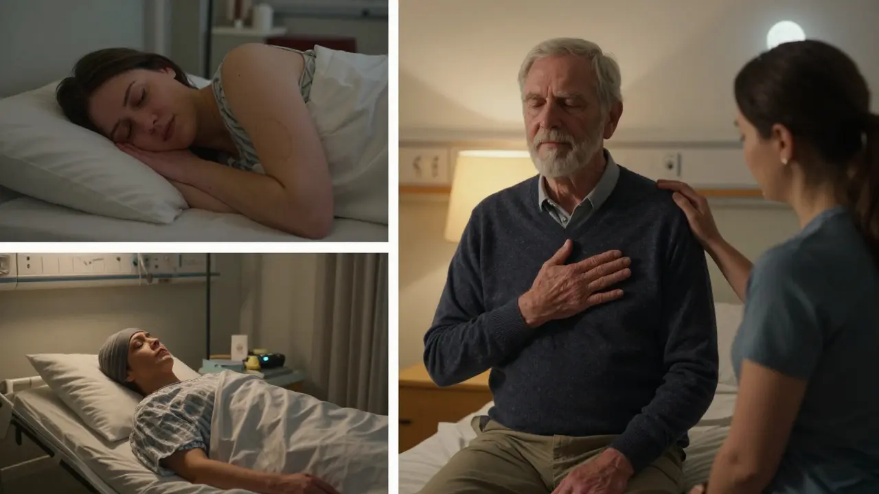 Quiet moments of Reiki healing: someone sleeping, practicing self-Reiki, and receiving comfort in a hospital.