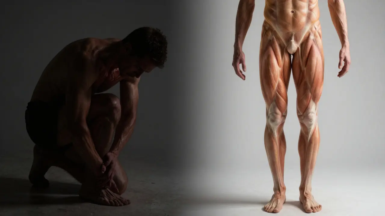 Split image showing chronic pain transforming into relief through targeted muscle release.