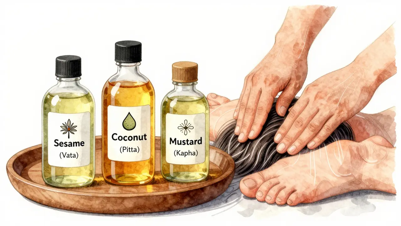 Three medicated oils labeled for Vata, Pitta, and Kapha doshas, with hands performing scalp and foot massage, illustrated in soft watercolor and ink.