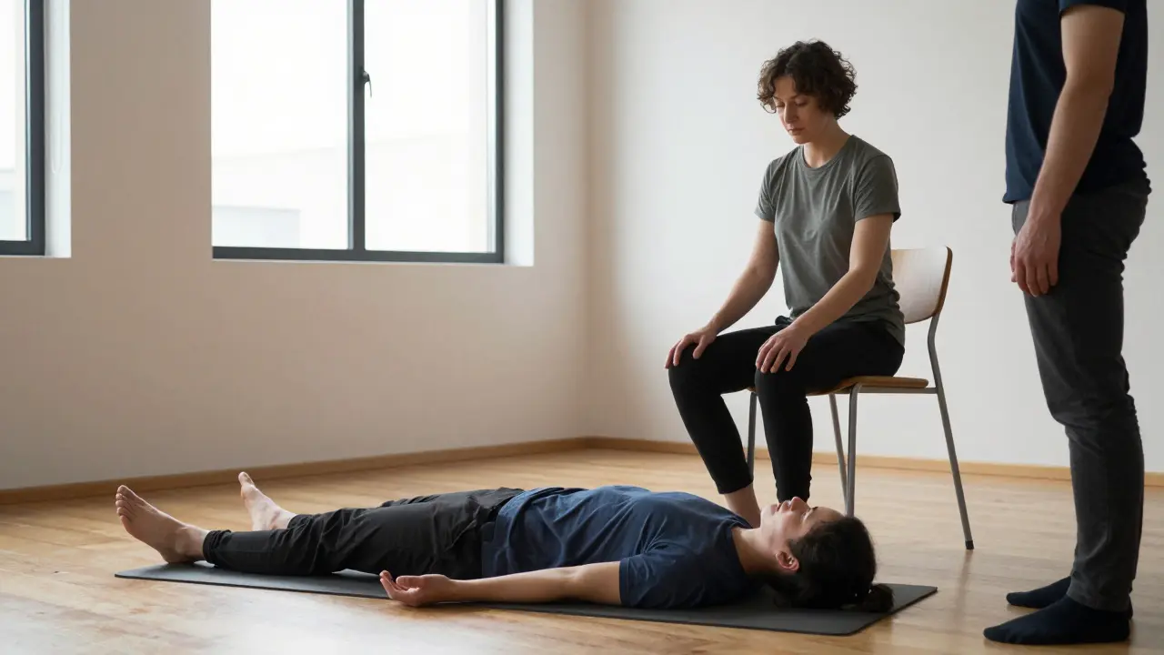 Two people moving slowly in a Feldenkrais group class, guided by a practitioner in a calm space.