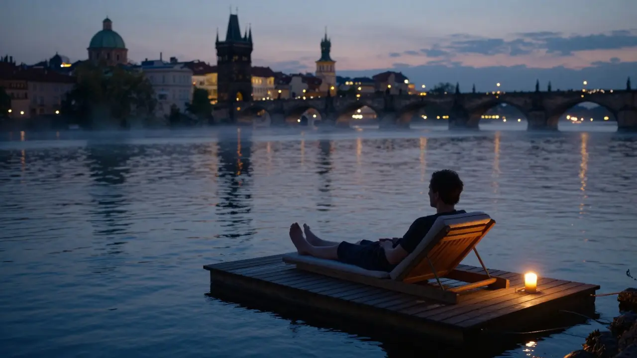 A foot massage on a floating spa on the Vltava River at dusk, Prague city lights reflecting on the water.