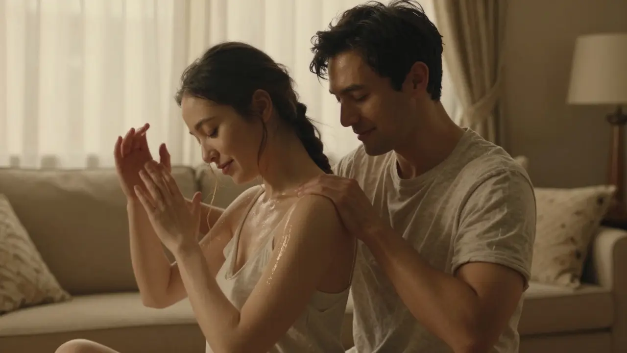 A man and woman gently massaging each other's shoulders in soft natural light, wearing loose clothes, expressions calm and connected.