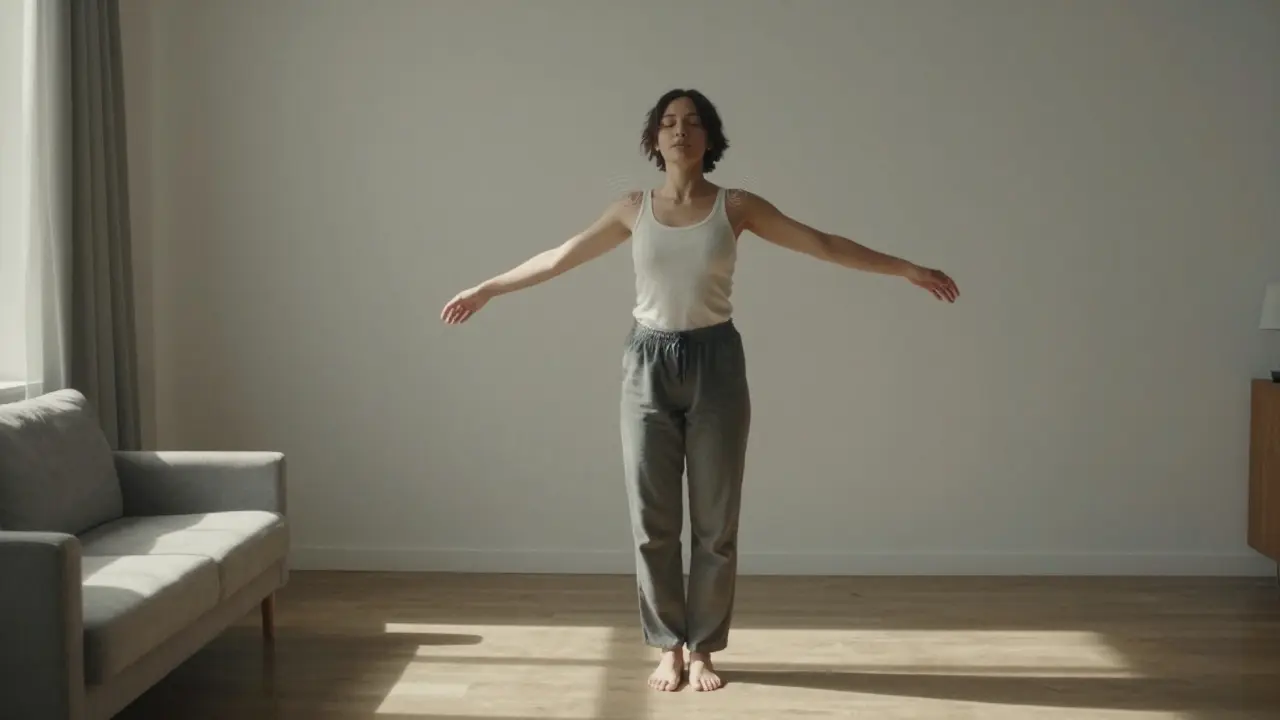 A person standing with arms swinging loosely like wet laundry, eyes closed, in a sunlit room as tension releases.