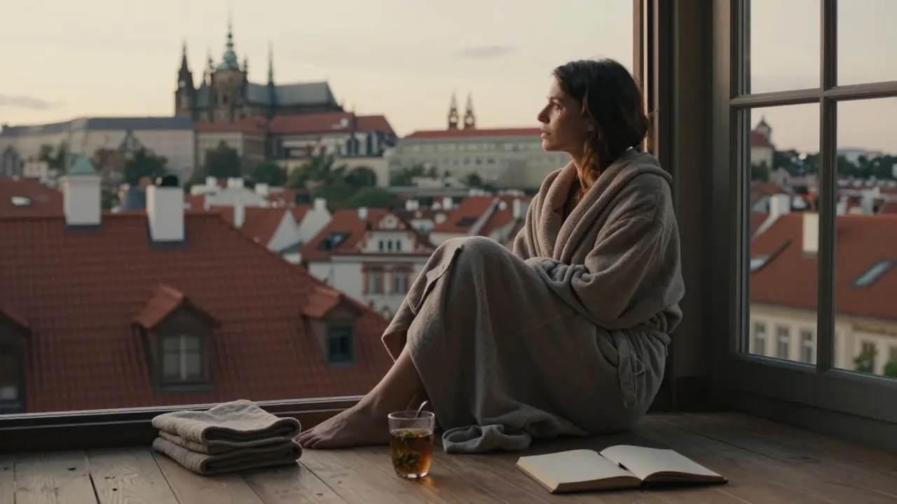 A woman sitting by a window in a robe, gazing at Prague’s rooftops at sunset, tear on cheek.