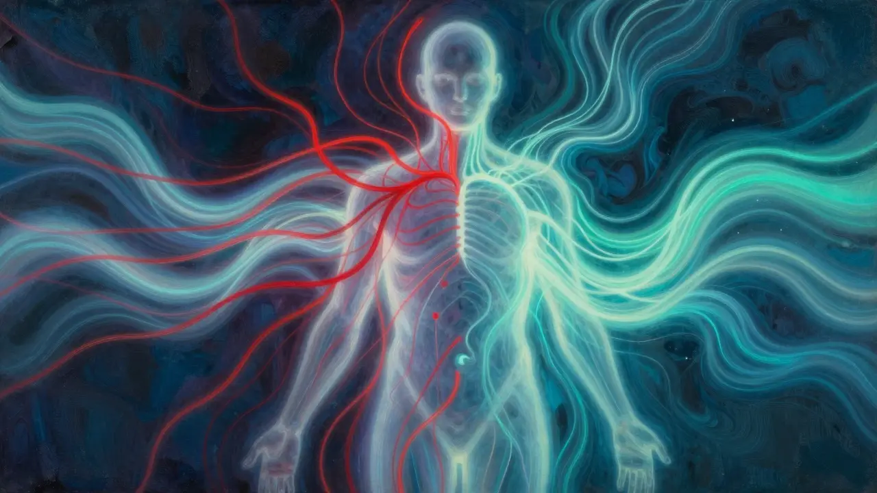 Abstract art showing shifting biofield colors from stress to relaxation