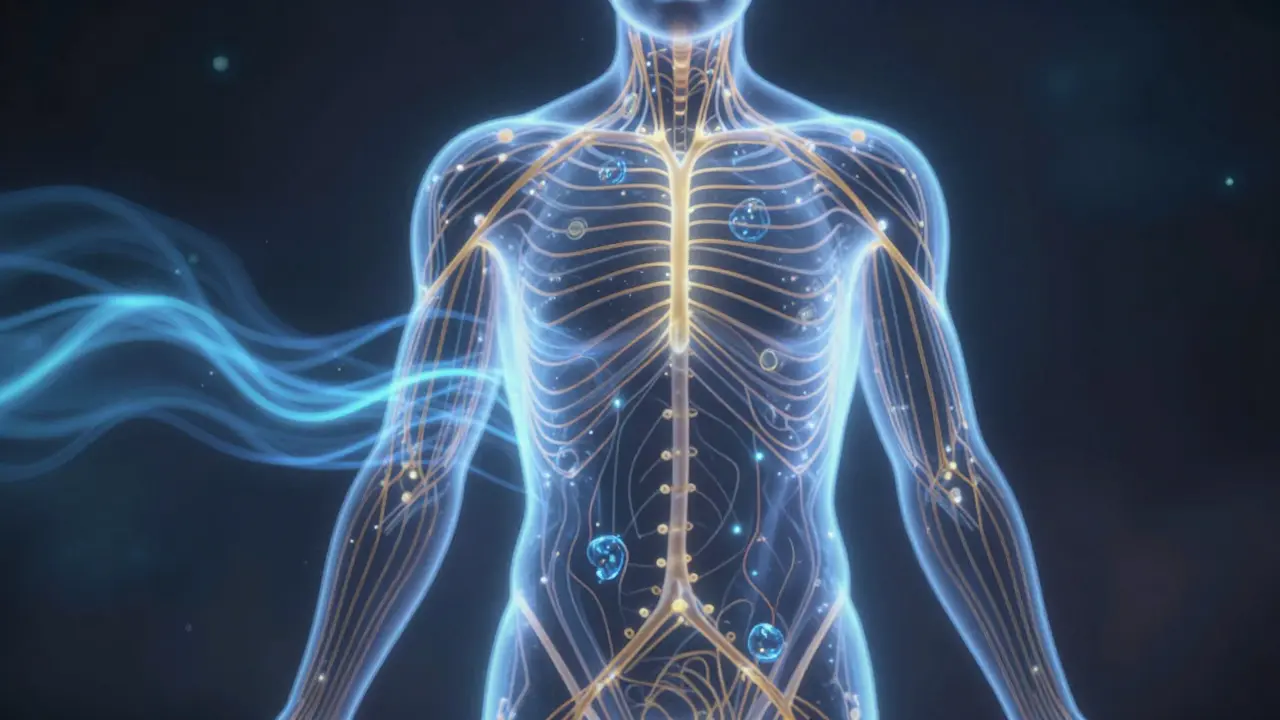 Abstract illustration of energy flow over human silhouette.