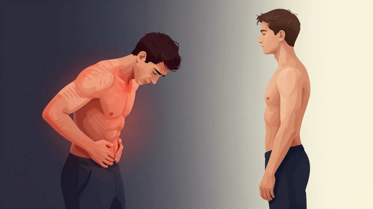 Before and after posture comparison showing relief from chronic pain through medical massage.