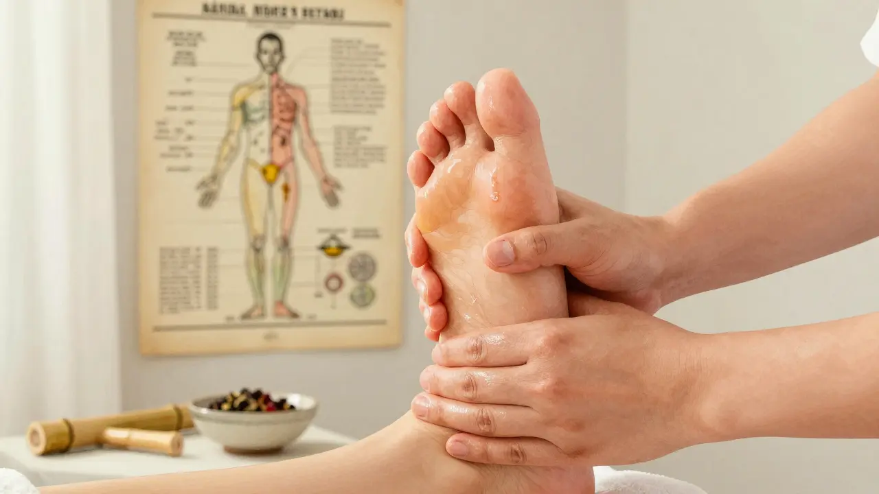 Close-up of a therapist applying pressure to the foot with rosehip oil, reflexology chart visible in background.
