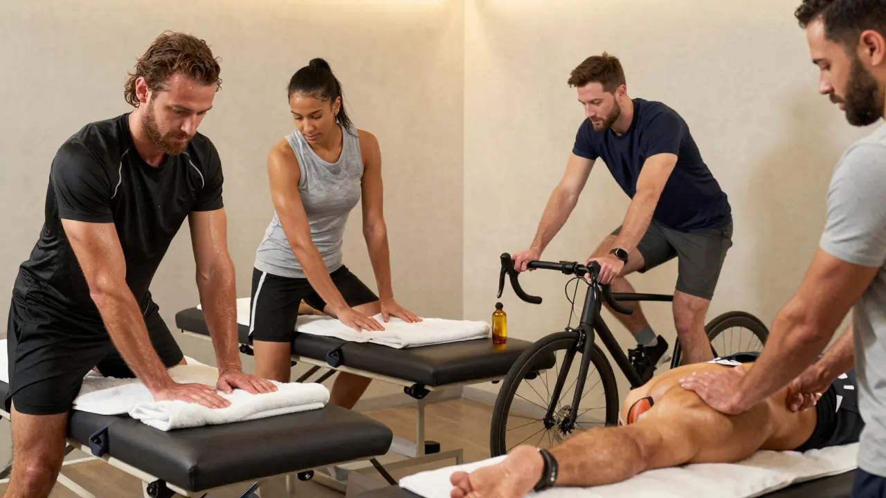 Diverse athletes getting sports massages in a clinic, each in training gear, therapists in motion under warm lighting.
