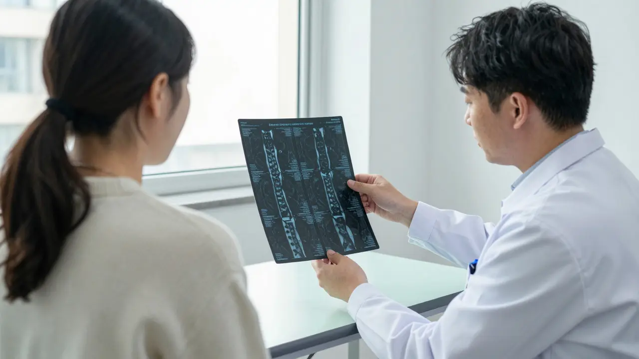Medical therapist reviewing an MRI scan with a patient during a consultation session.