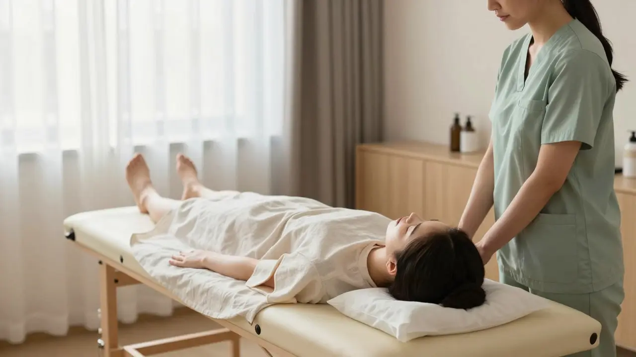 Patient resting on treatment table in calm modern wellness clinic environment