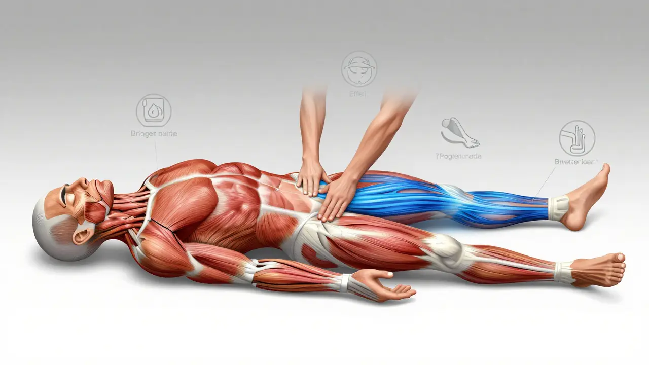 Split-body diagram showing muscle tension versus recovery, with blood flow and massage techniques illustrated artistically.