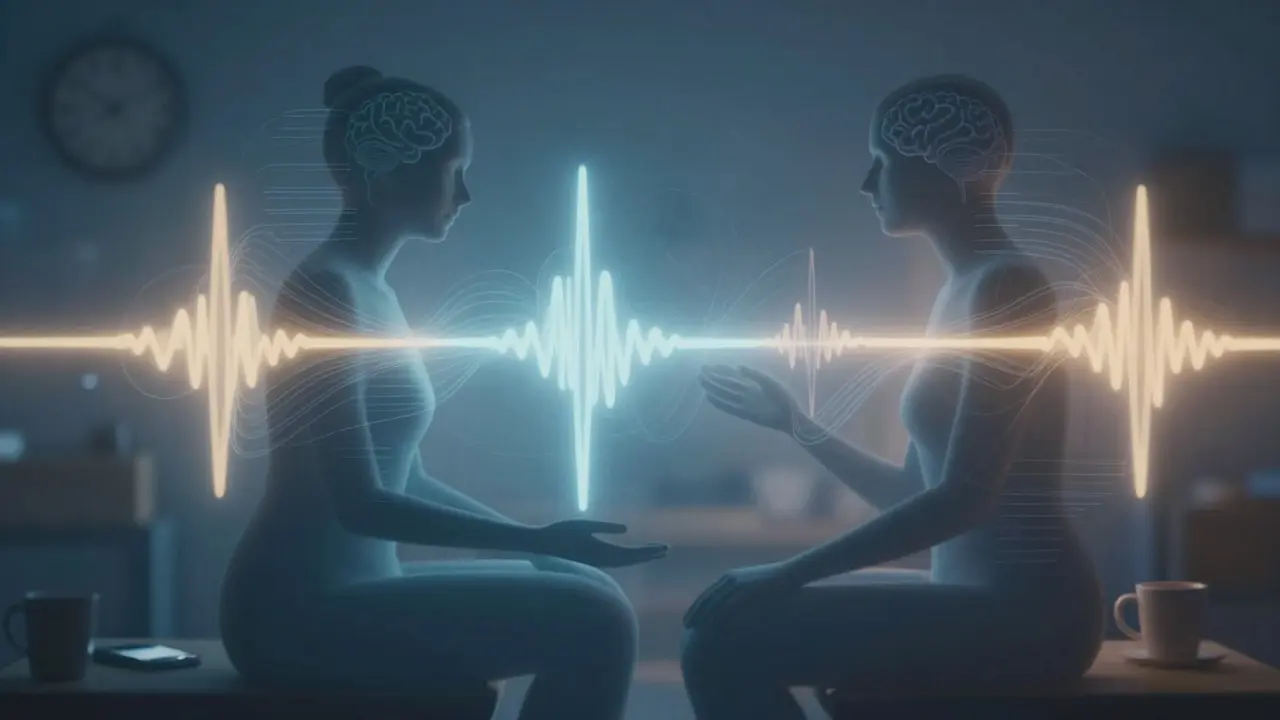 Two silhouettes with synchronized brainwave patterns glowing in harmony, representing emotional and physical attunement through touch.