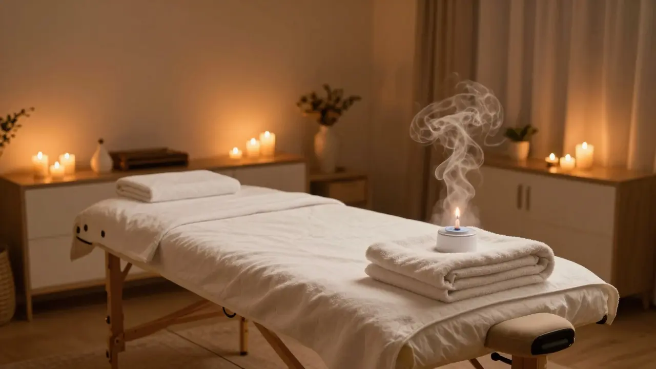A cozy room with dim candlelight, warm towels, and an aromatherapy diffuser.