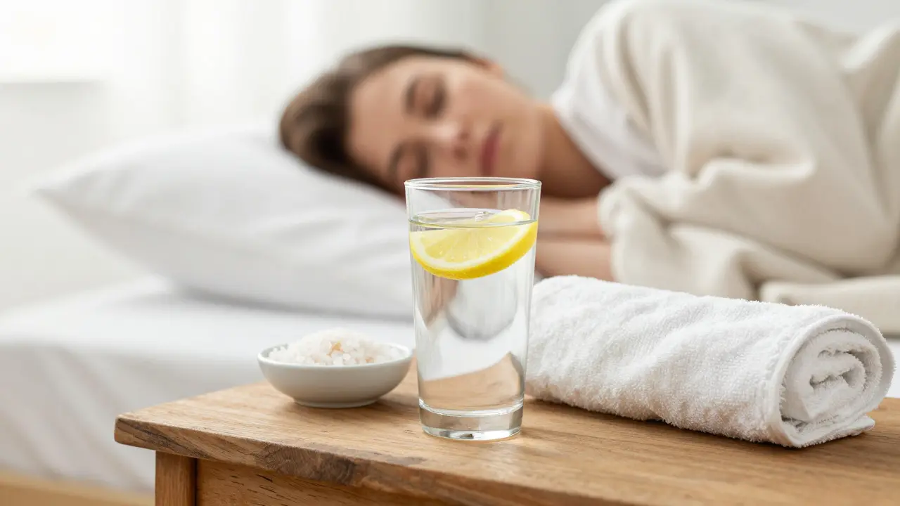 A glass of lemon water and Epsom salts next to a resting person after a healing session