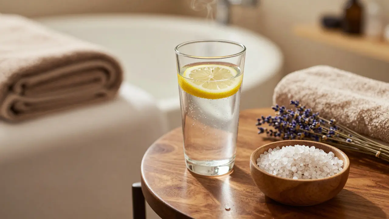 A glass of lemon water and Epsom salts on a wooden table, representing post-massage recovery.