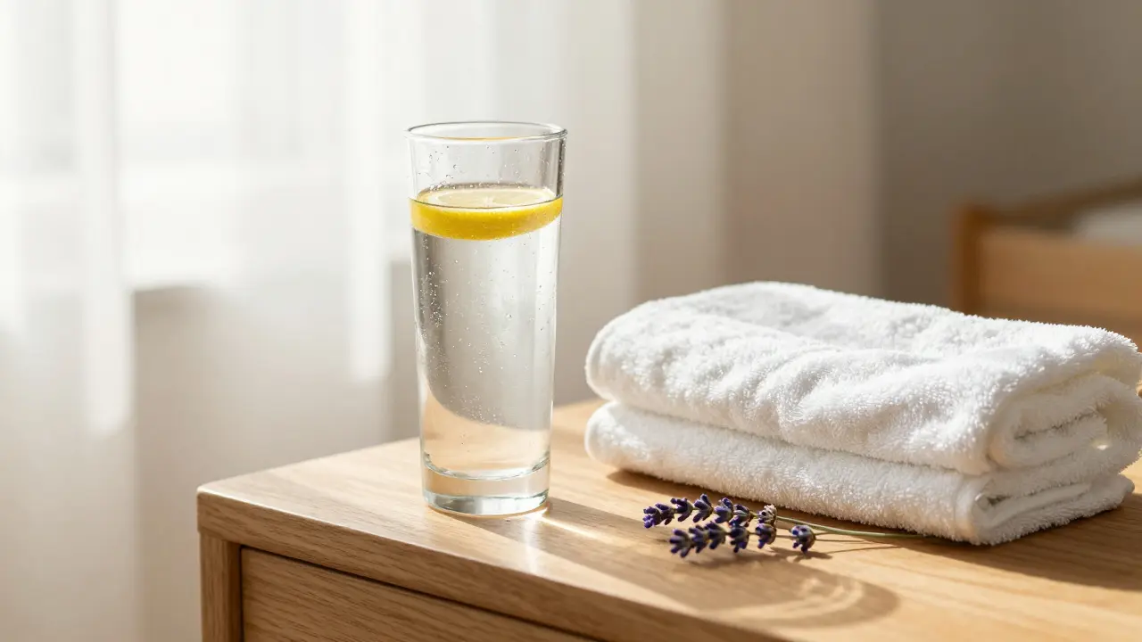 A glass of water and a white towel in a bright, sunlit room