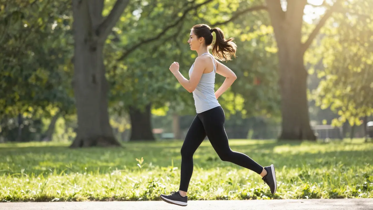 A woman with aligned posture jogging joyfully through a sunlit green park.