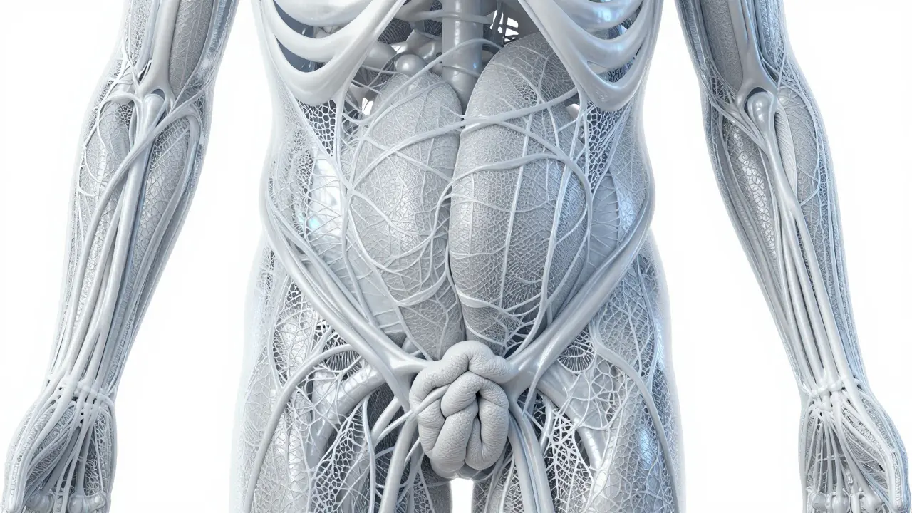 An artistic illustration of the human fascia as a shimmering web with some thickened knots.