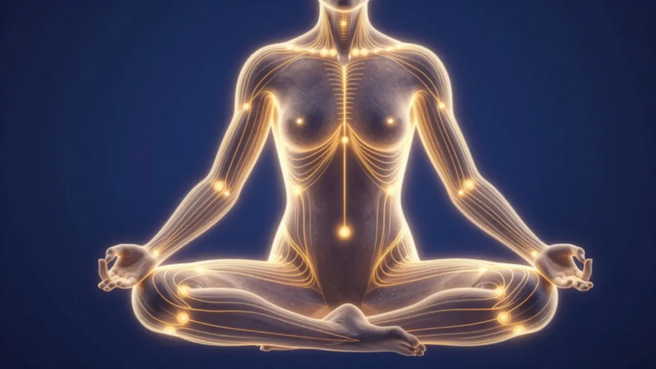Artistic depiction of glowing golden energy lines and acupressure points on a human silhouette.