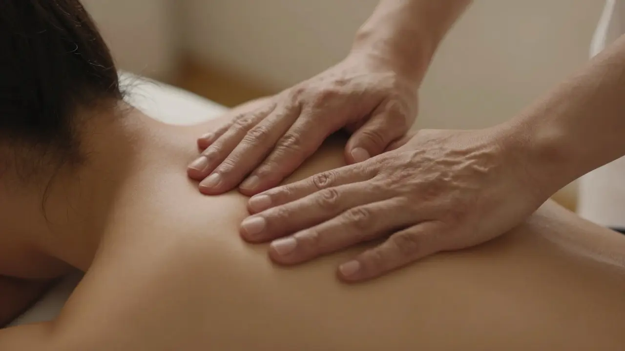 Close-up of a practitioner's hands performing deep tissue fascial release on a shoulder