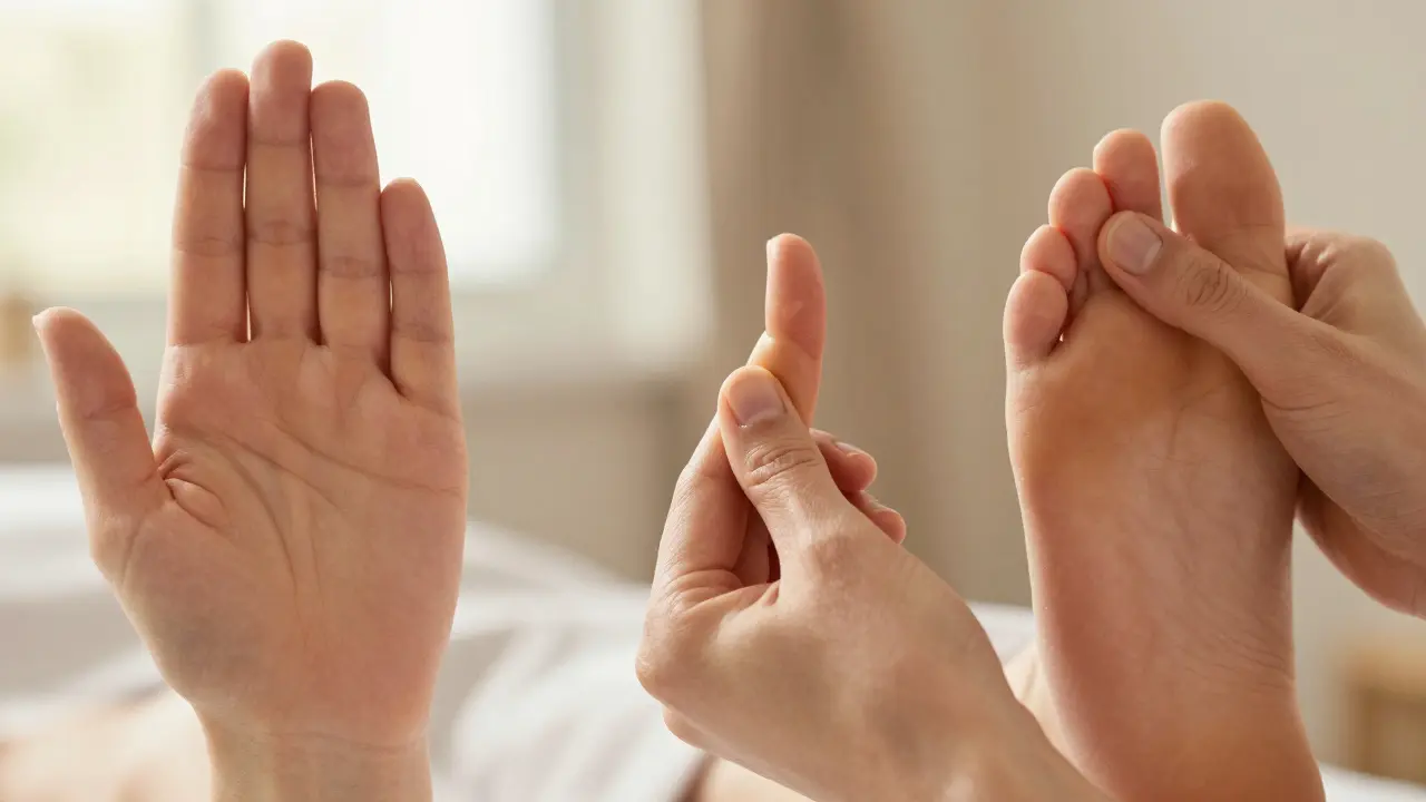 Close-ups of pressure points being applied to the hand, ear, and foot