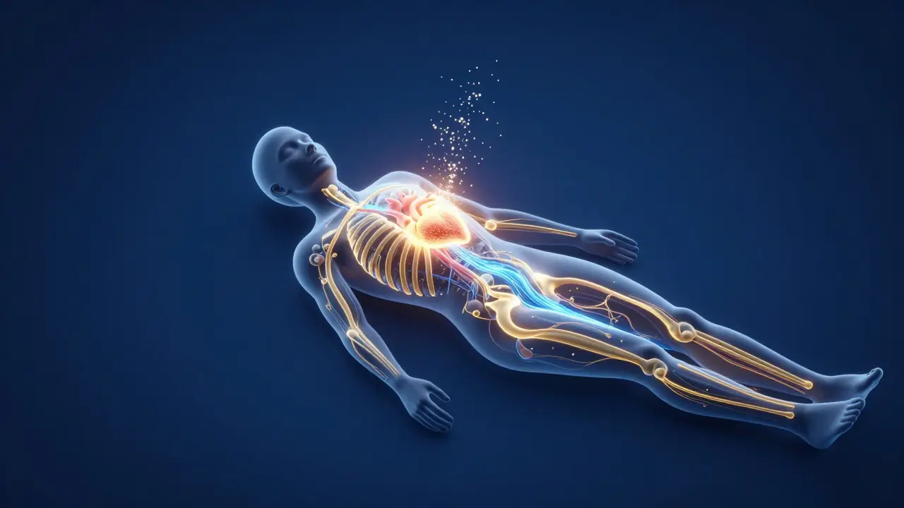 Conceptual visualization of blood flow and lymphatic drainage in a human body