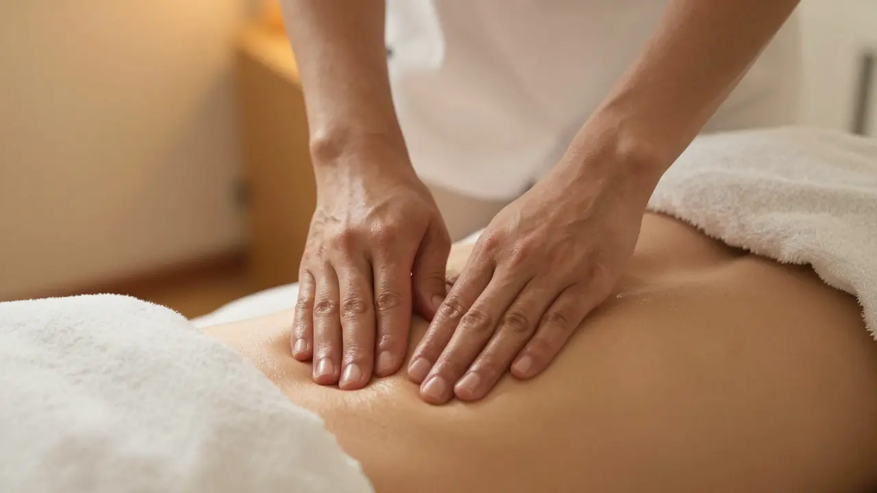 Hands of a practitioner performing a deep abdominal visceral massage on a client
