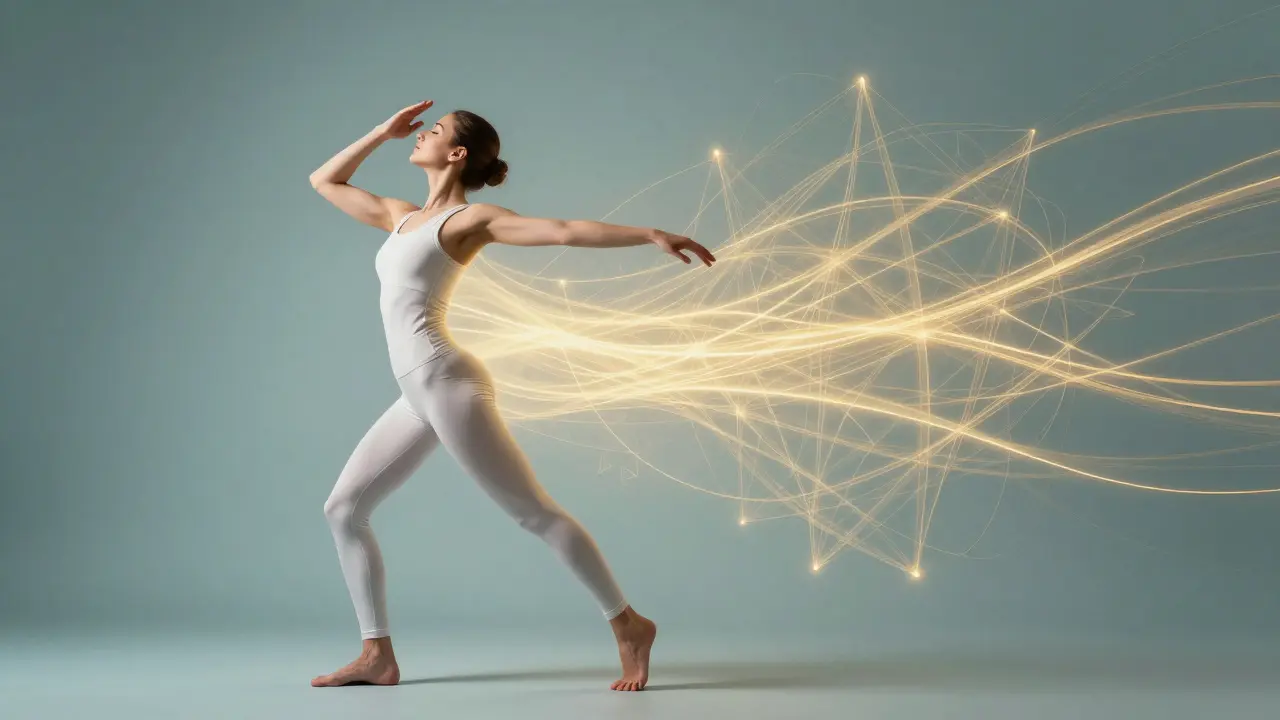 Person in a mindful pose merging with golden light to symbolize mind-body integration