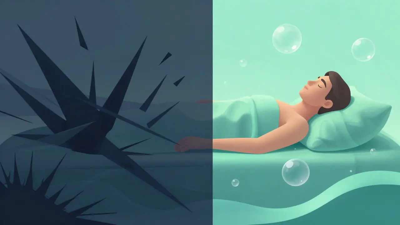 Split image showing a transition from chaotic stress to peaceful deep sleep