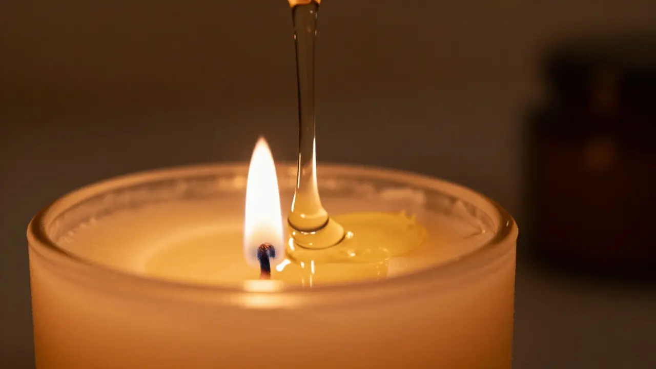 Warm melted oil pouring from a soy massage candle in a soft, golden light.