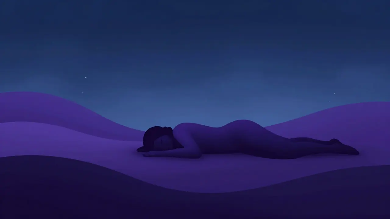 Abstract art of a figure relaxing in flowing purple waves