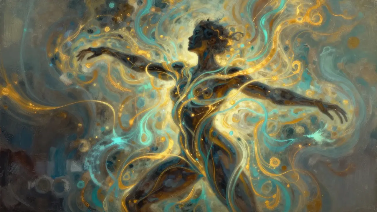 Abstract art of golden energy flowing through a figure, dissolving dark tension knots.