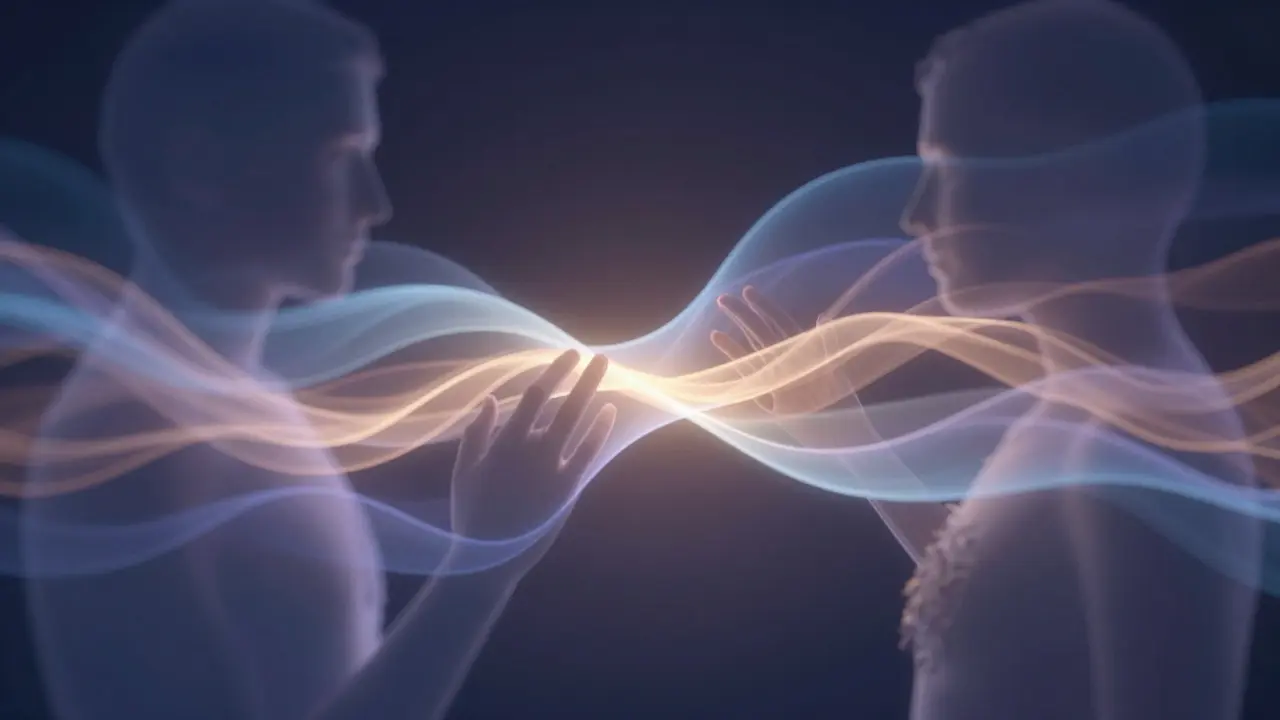 Abstract art showing two figures connected by glowing waves of light, representing emotional bonding.