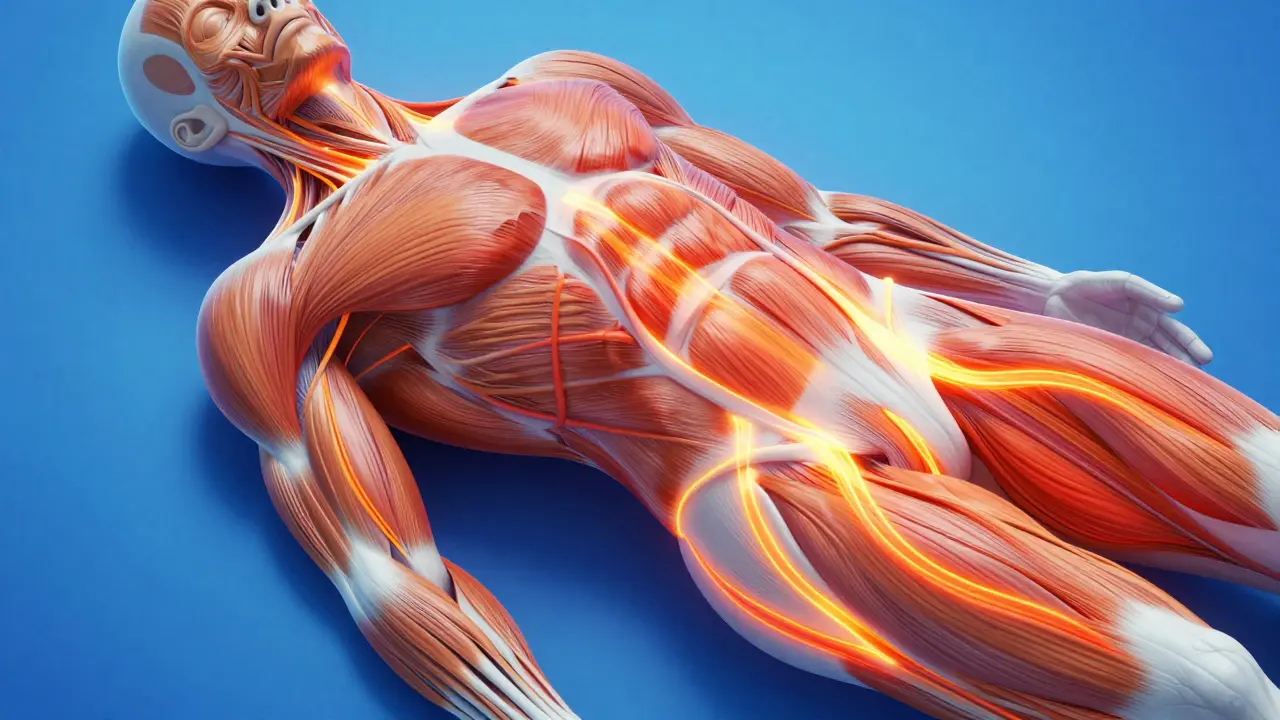 Abstract illustration of heat penetrating muscle tissue for relaxation