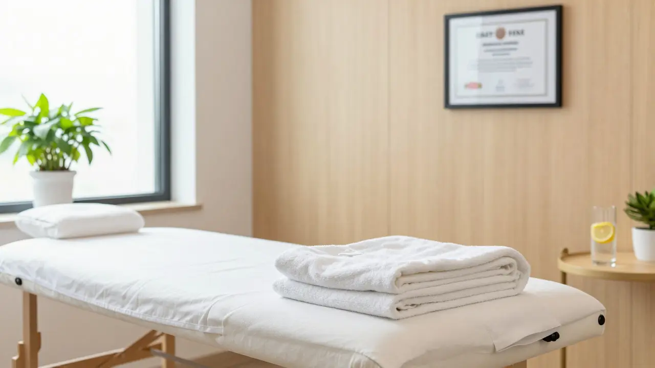 Clean, professional massage studio with fresh linens and a visible license certificate.
