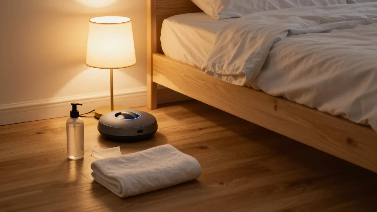 Cozy bedroom setup with massage device and towels