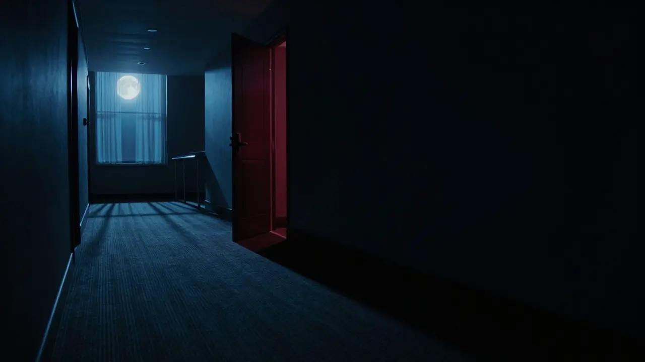 Dark hotel hallway with ominous shadows suggesting legal danger and isolation