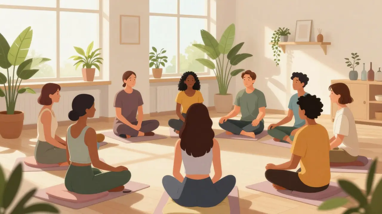 Group of people in a bright studio practicing mindfulness and connection