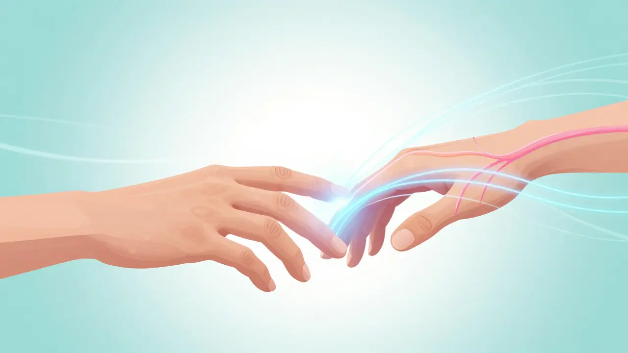 Illustration of hands touching with glowing energy lines symbolizing oxytocin release.