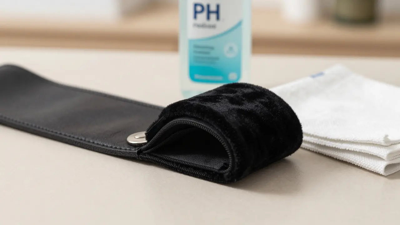 Padded cuffs and cleaning supplies for leather furniture care