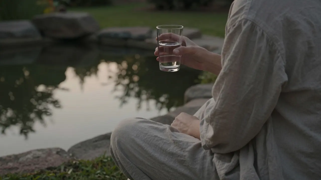 Person relaxing outdoors with water after a therapeutic session