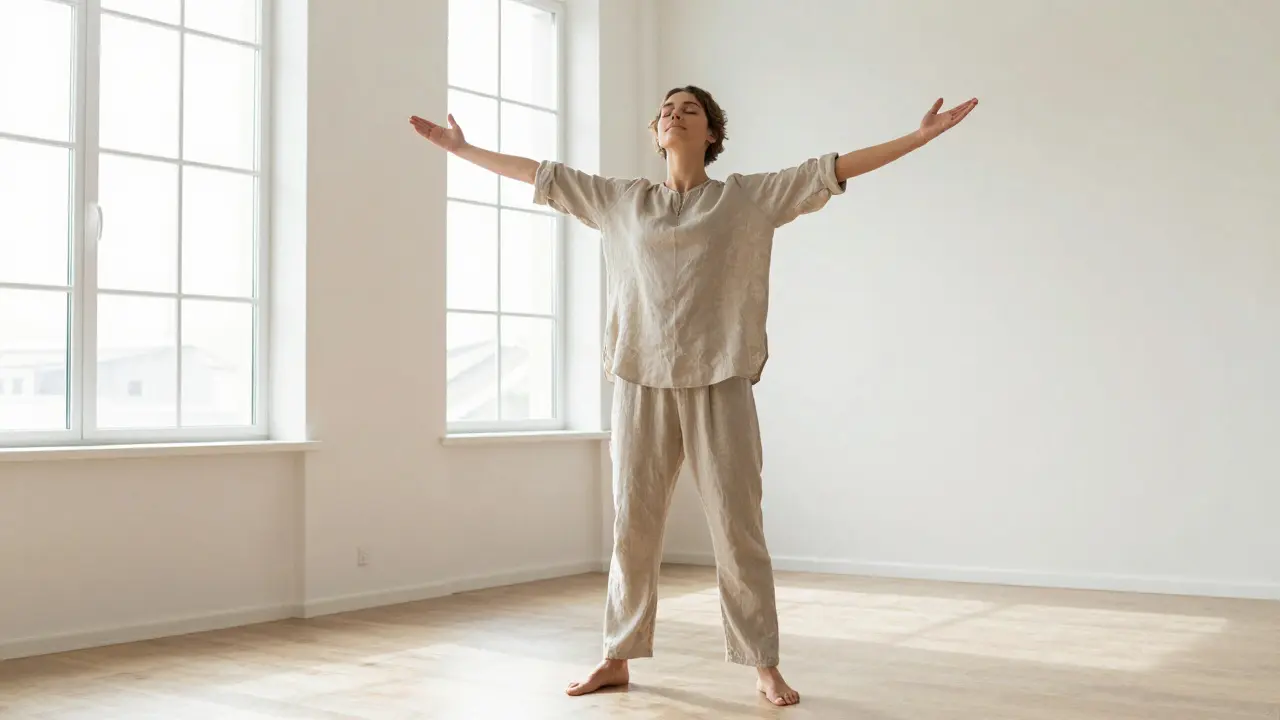 Person standing barefoot in open posture, breathing deeply in a sunlit therapy room.