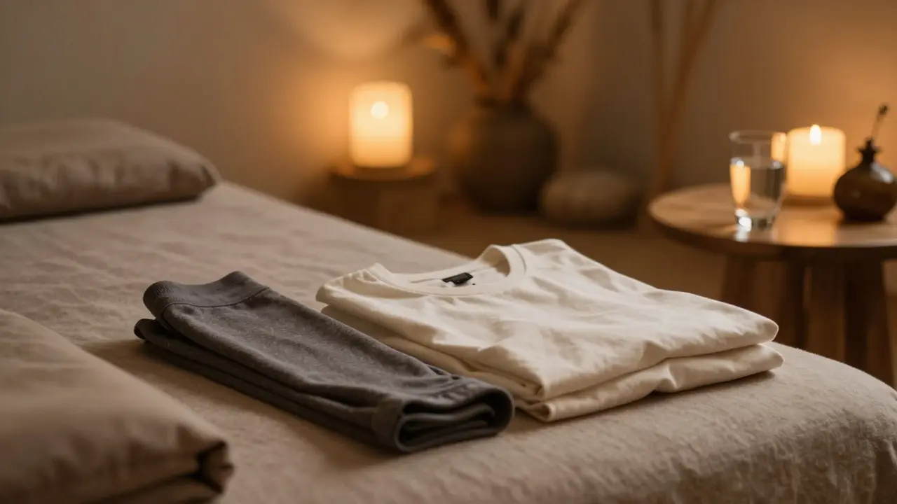 Serene wellness room with loose clothes and water, ready for a therapy session